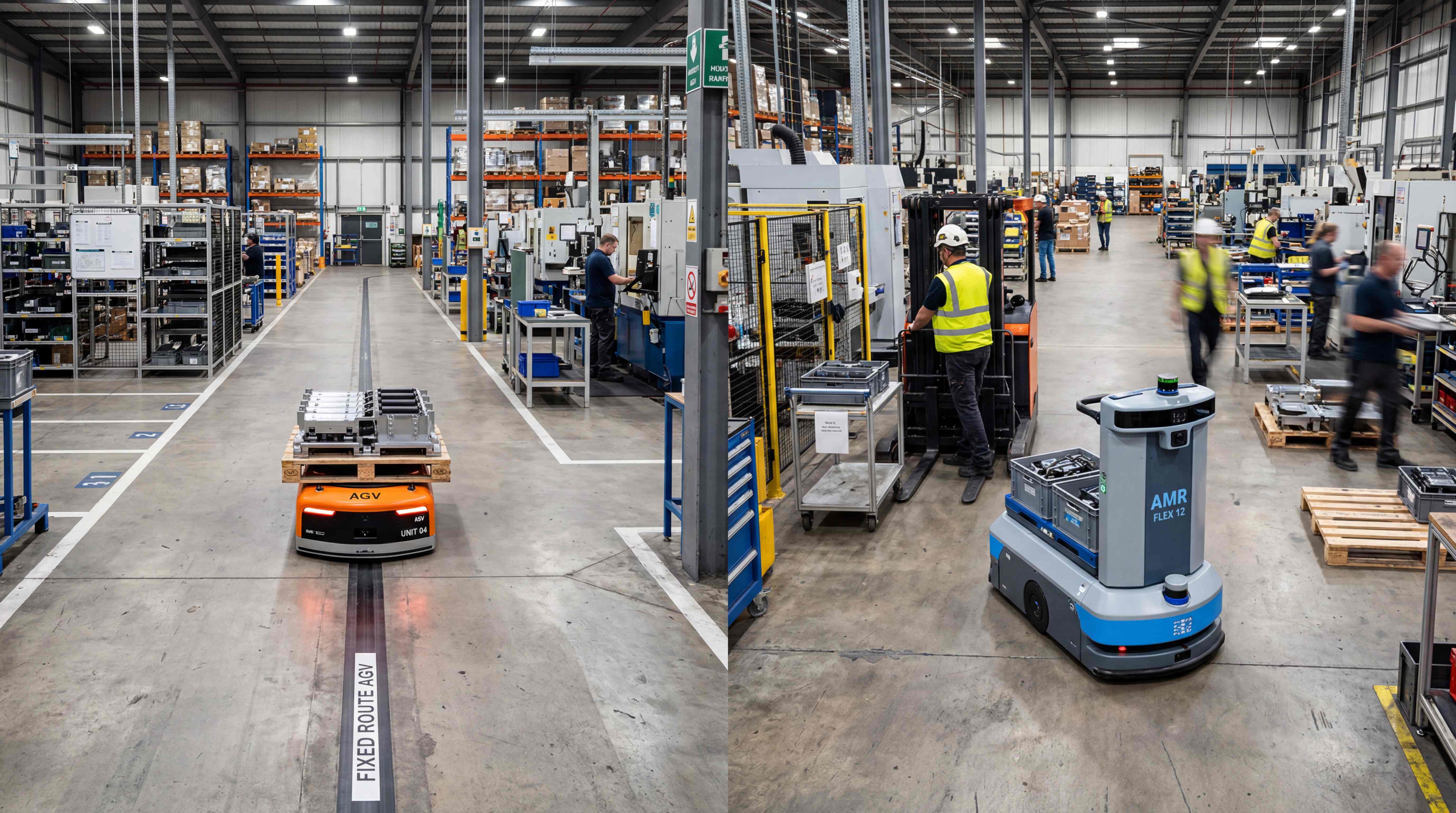 AGV fixed-route navigation and AMR flexible navigation compared side by side in the same factory environment